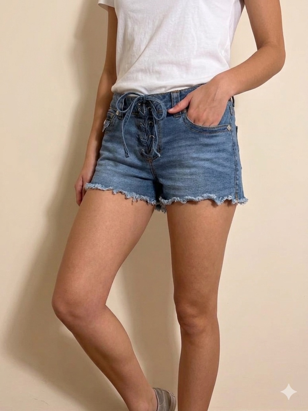 True Religion Lace-Up Frayed Hem Denim Shorts - Blue